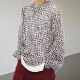 Hearujoy Mens Autumn Winter Mixed Color Sexy Hollow See-Through Long-Sleeved Knitted Sweater Essential Casual Trend Tops For Men